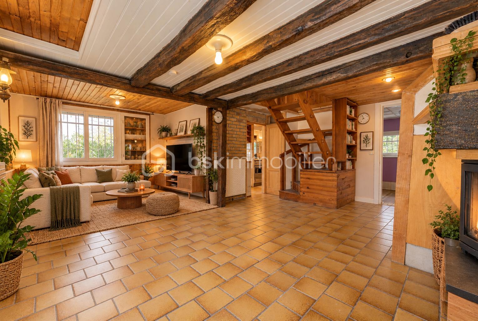Salon rustique chaleureux avec escalier en bois.png