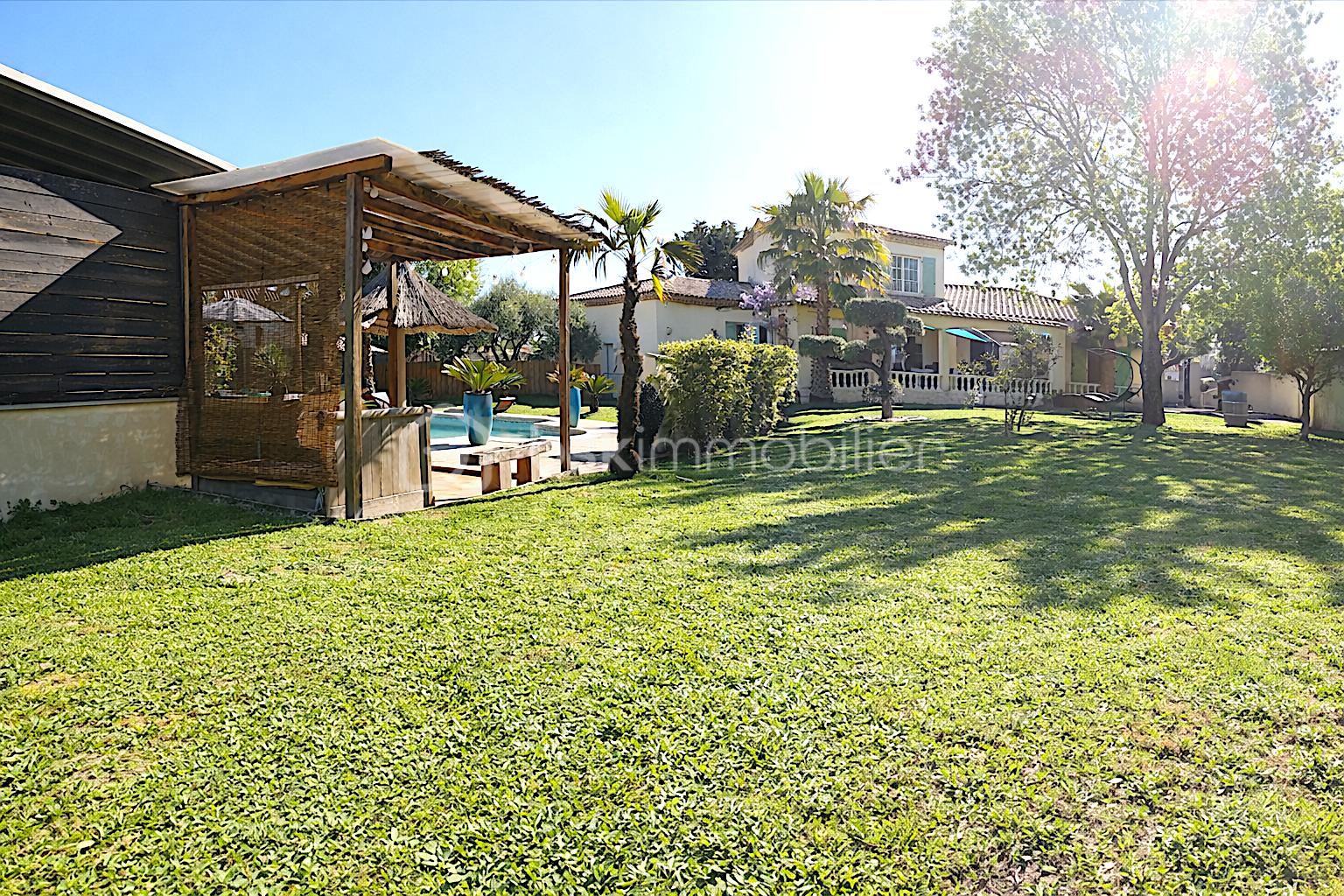 Jardin ensoleillé avec piscine et pergola.png