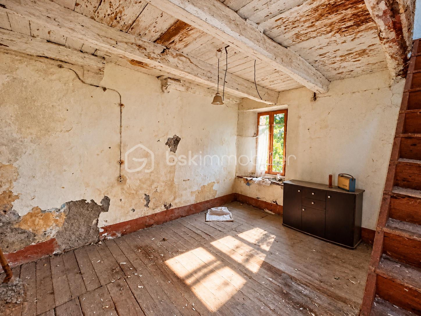 Pièce rustique abandonnée baignée de lumière.png