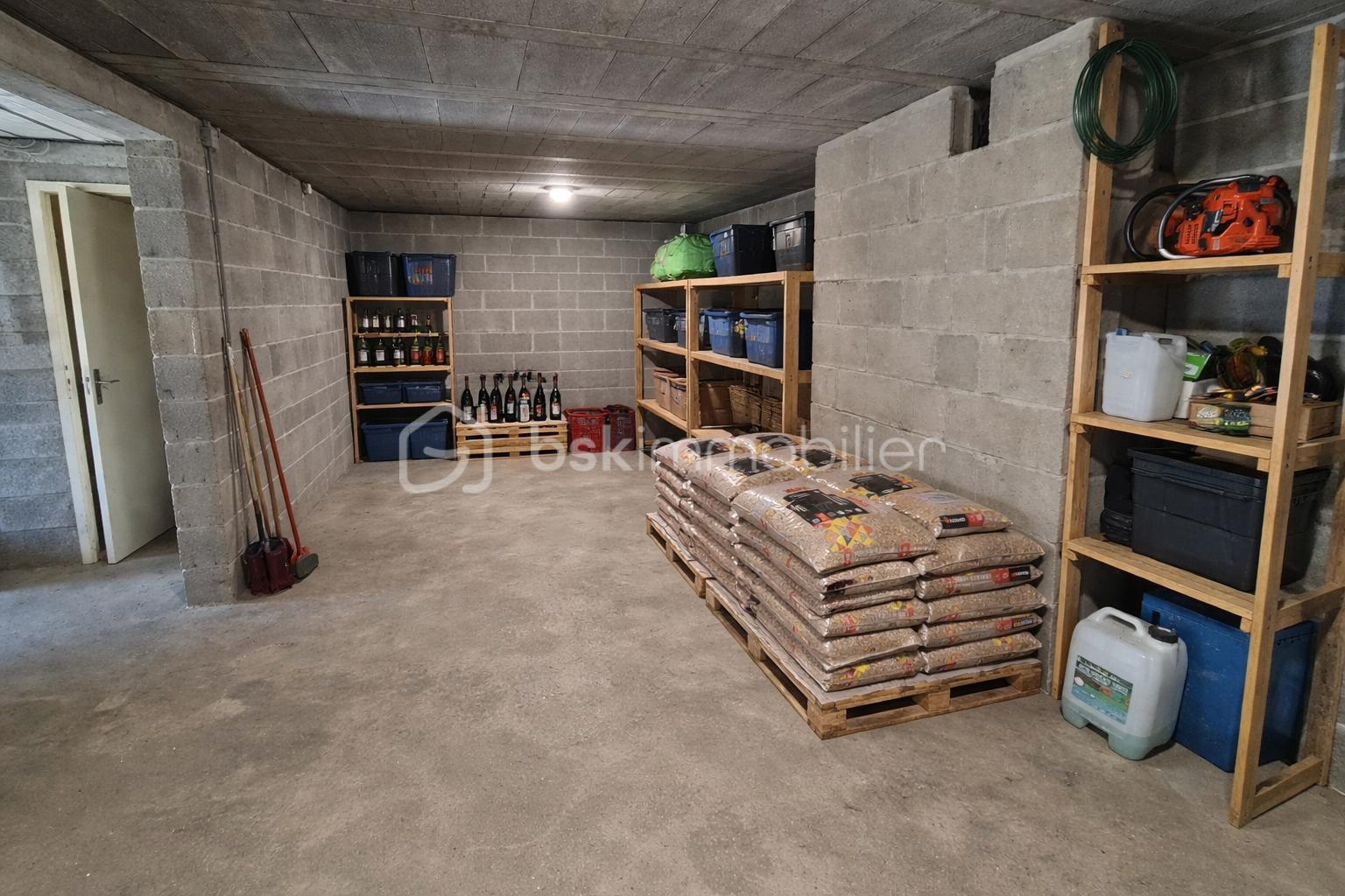 Sous-sol organisé avec étagères et outils.png