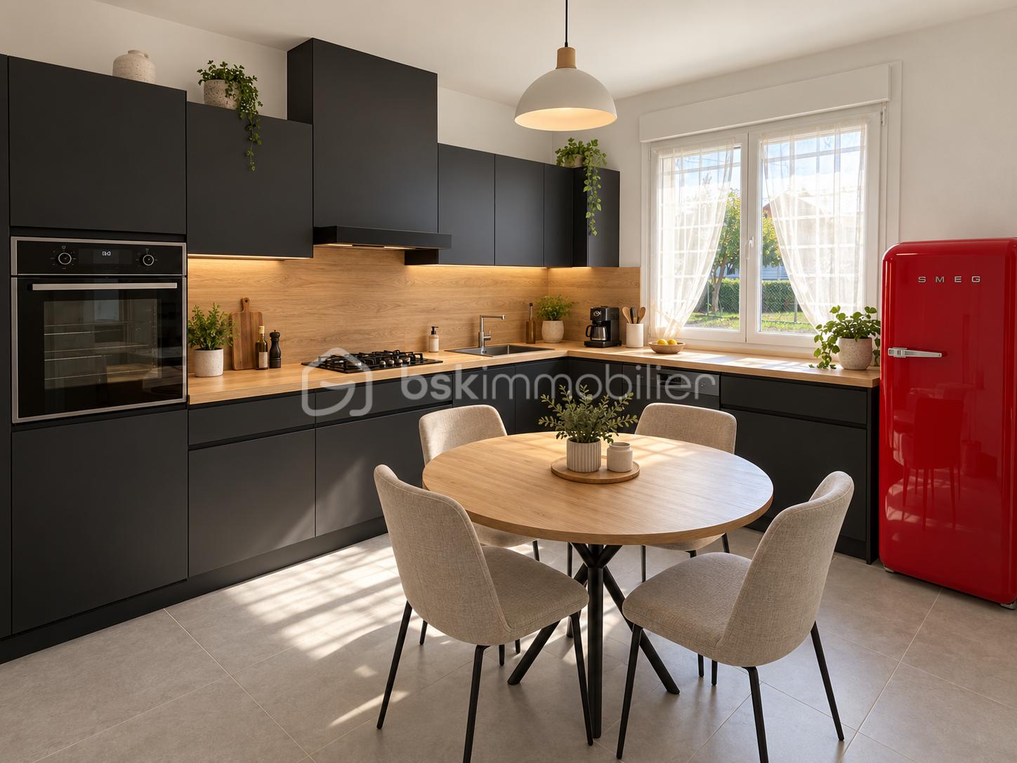 Cuisine contemporaine, chêne clair et frigo rouge.png
