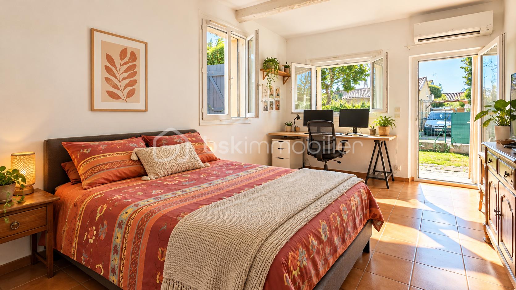 Chambre chaleureuse avec espace bureau et jardin.png