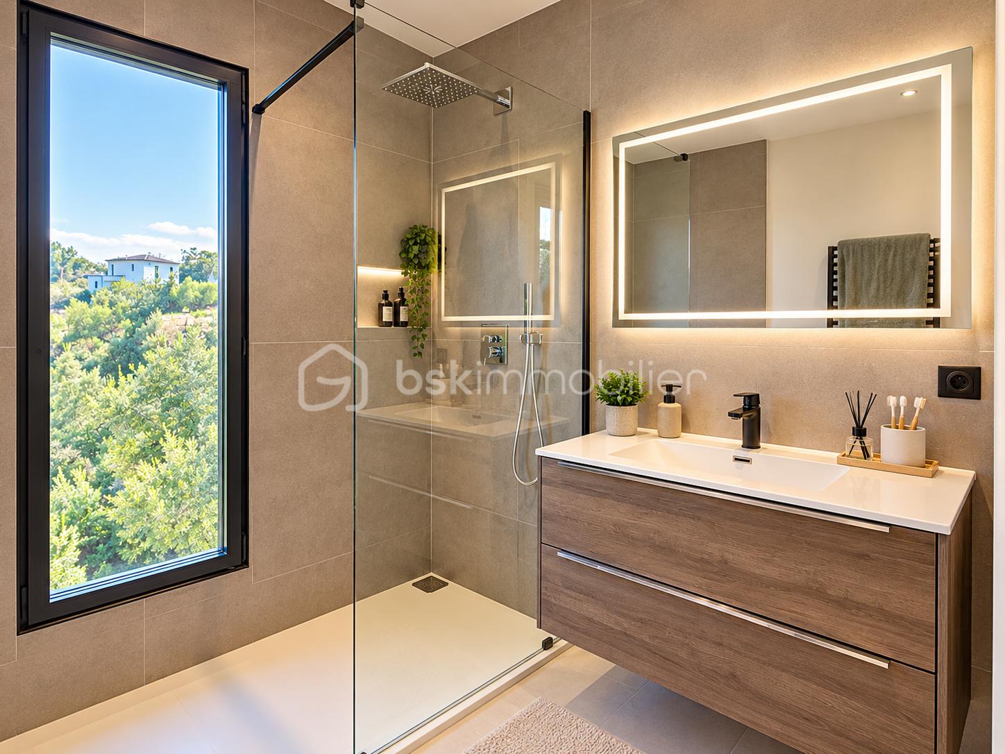 Salle de bains moderne avec douche vitrée et plantes.png