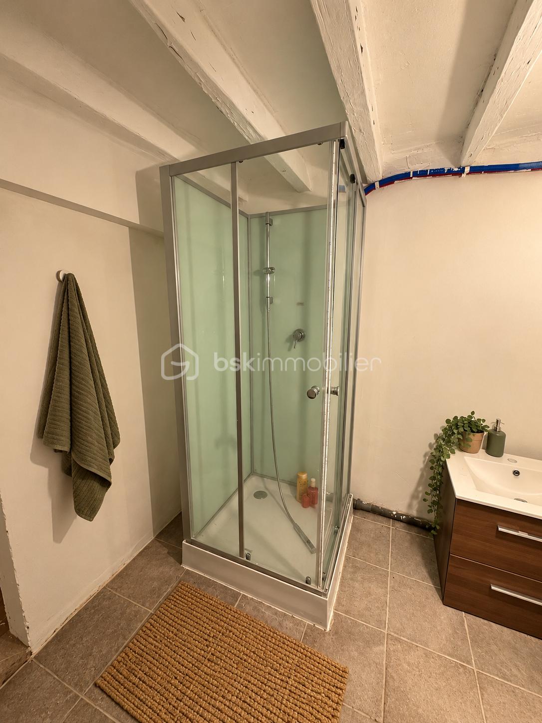 Douche vitrée dans une salle de bains rustique.png