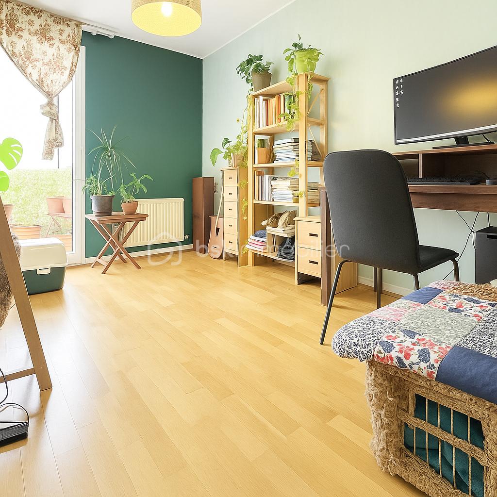 Appartement de 68 m² - Bureau lumineux avec plantes et balcon.png