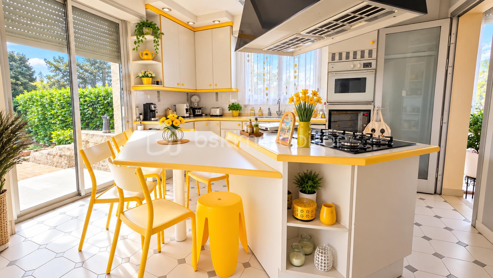 Cuisine moderne jaune et blanche, baignée de lumière.png