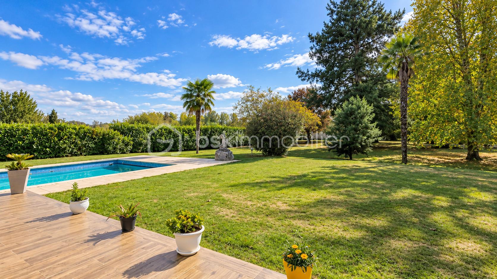 Jardin ensoleillé avec piscine et terrasse.png